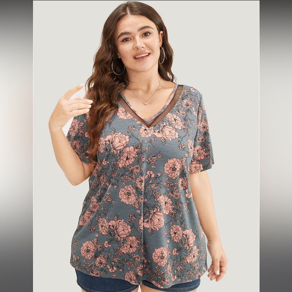 Floral Print Mesh Insert Flutter Sleeve T-Shirt